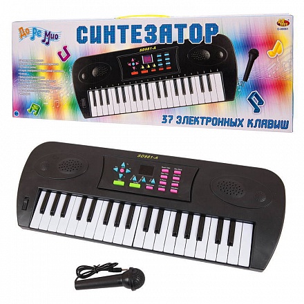 Синтезатор черный 37 клавиш, с микрофоном и дисплеем, электромеханический, работает от батареек 